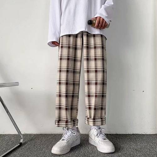 HOUZHOU Plaid Pants Men Korean Style Casual Checked Trousers Streetwear Fashion Bottoms Summer Wide Leg Pants Harajuku Loose