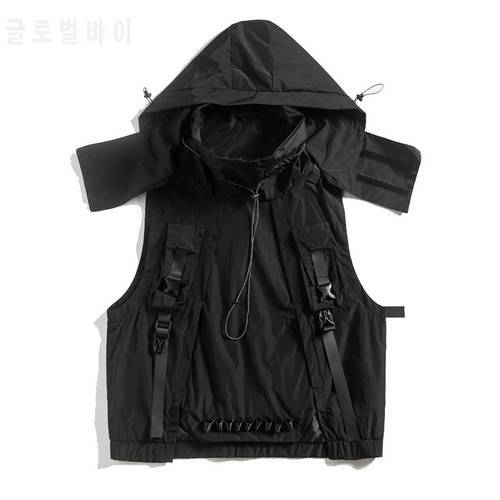 Techwear Ribbons Hip Hop Men&39s Vest Jackets Coats Hooded Multi-Pocket Waistcoat Japanese Tooling Casual Tactical Outerwear Top