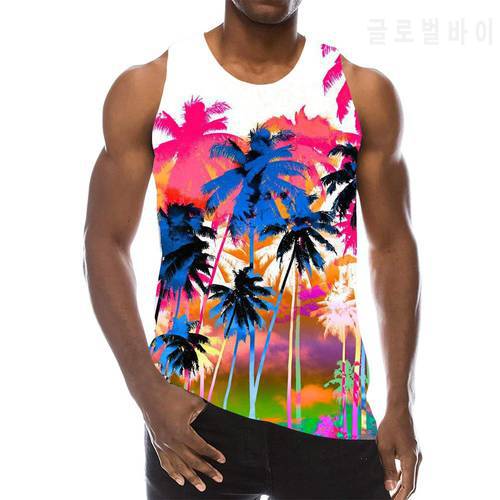 Palm Tree Graphic Tank Top For Men 3D Print Sleeveless Beach Hemp Palm Pattern Tops Paint Vest Hawaii Colorful Pigment T-shirt