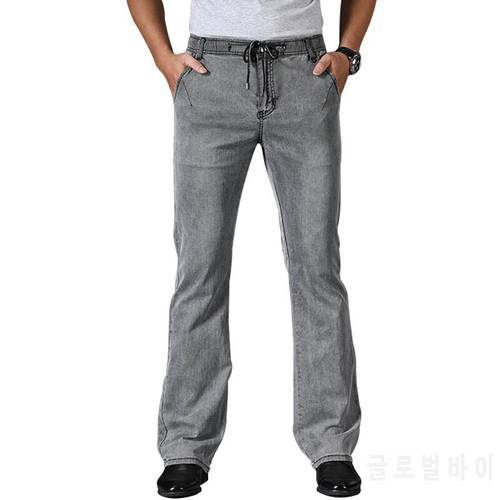 2021 Summer Thin Micro Flared Jeans Men Boot Cut Denim Pants Drawstring Stretch Waist Breathable Male Fashion Gray Trousers