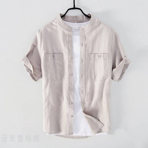 Cotton Linen Shirts Men Short Sleeve Solid Business Stand Collar Dress Shirt Fashion Casual Tops Male Camisa Men Clothing TS-762