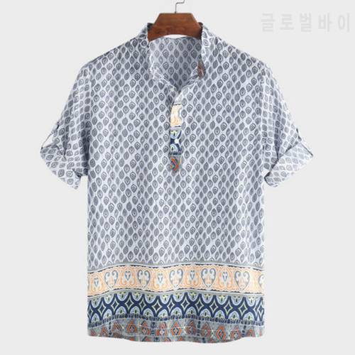 2021 Casual Shirts Mens Ethnic Elements Print Breathable Linen Cotton Stand Collar Short Sleeve Male Henley Shirt