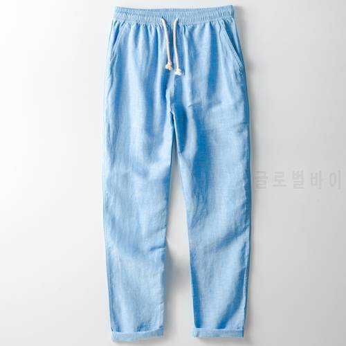 0709 Spring Autumn Men&39s Linen Trousers Solid Color Straight Drawstring Elastic Mid-Waist Casual Loose Male Pants Lagre Size