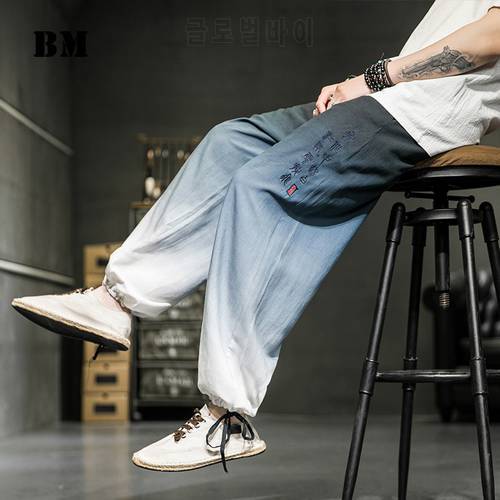 2021 Chinese Style Summer Thin Plus Size Embroidery Cotton Linen Casual Pants Male Gradient Color Loose Joggers Men Clothing