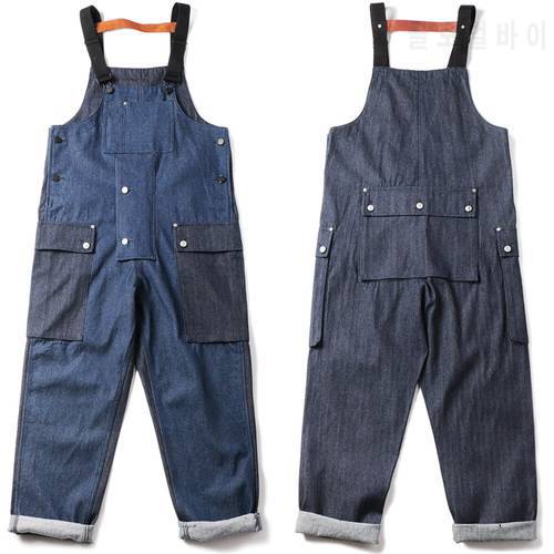Men Fashion Casual Multi-pocket Contrast Stitch Denim Overalls Mens Vintage Jeans Jumpsuit Cargo Work Pants Baggy Bib Trousers