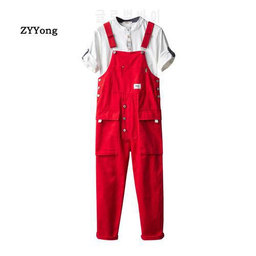 Overalls Men Bib Jumpsuit Cargo Pants Men Red Loose Straight Big Pocket Freight Hip Hop Streetwear Rompers Casual Trousers
