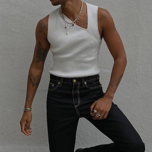 2022 Summer Casual Knitted Shirts Men Hipster Slash Neck Slim Vest Tops Streetwear White Solid Sleeveless Fashion Tank Tops Men