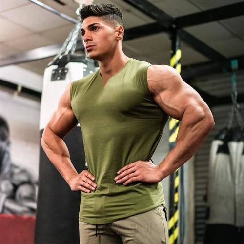 2021New Workout Mens Fashion Casual Tank Top Running Gym Clothing Bodybuilding Fitness Singlets Sports Sleeveless V-Neck Vest
