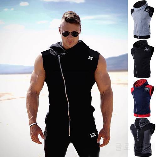 Men&39s Hooded Vest 2021 Summer New Diagonal Zipper Splicing Leather Printed Fitness Sports Sleeveless Garment European Size 3XL