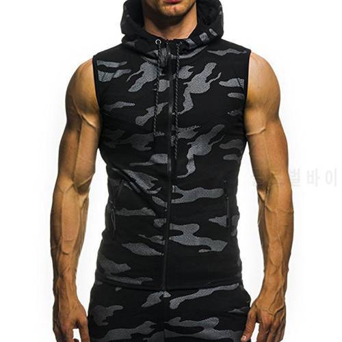 3XL Summer Men Gym Fitness Camouflage Mesh Hoodies Zip Up Sleeveless Hooded Tank Top HOT SALES