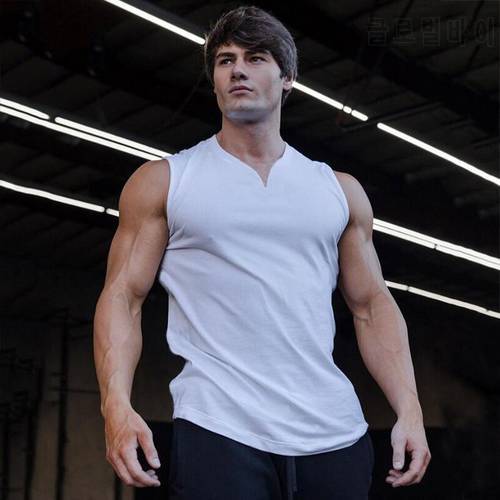 Plain Bodybuilding Stringer Singlet Gym Tank Top Men Fitness Clothing V-neck Cotton Sleeveless Shirt Workout Slim Fit Sportswear