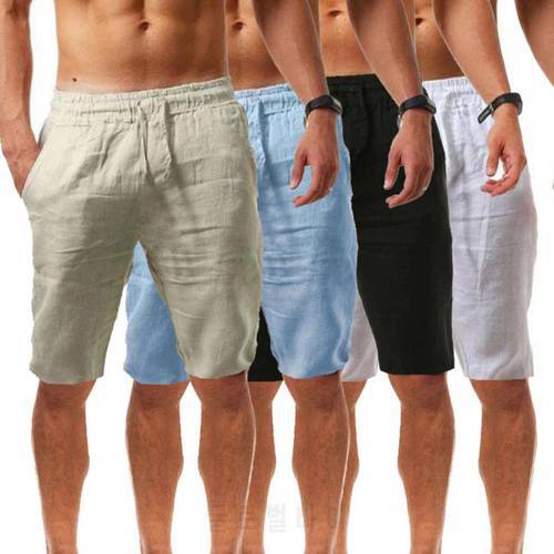40% DropshippingMen Shorts Solid Color Breathable Cotton Linen Drawstring Mid Rise Short Pants Knee-length Shorts for Running
