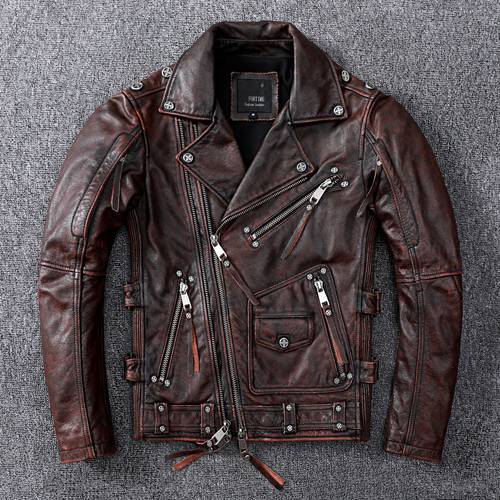 2021 Vintage Brown Motorcycle Leather Jacket Men Natural Genuine Cowhide Jackets Autumn Slim Fit Biker&39s Ooblique Zipper Coat