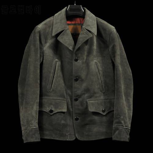 YRFree shipping.luxury Gray Suede leather jacket.High quality Japan brakeman vintage cowhide coat.casual leather clothes
