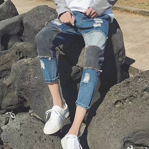 2021 Summer Men&39s Fashion Trend Blue Color Jeans Holes Patch Cloth Slim Fit Trendy Casual Pants Nice Popular Trousers