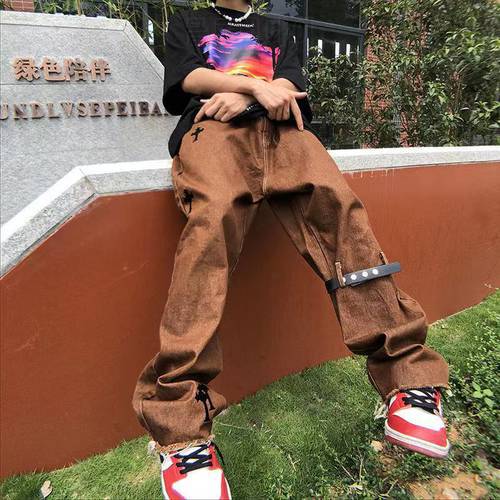 2021 Men&39s Hip Hop Style Street Jeans Loose Straight Pants High Streetwear Design Embroidery Overalls Brown/black Trousers