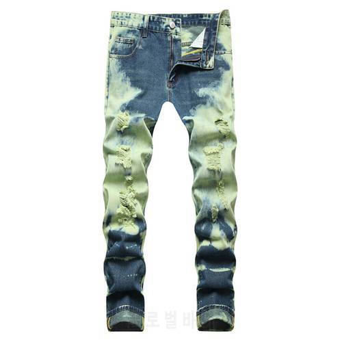 Men&39s Neon Yellow Y2K Ripped Jeans Trendy Holes Distressed Tie and Dye Denim Pants Slim Straight Trousers
