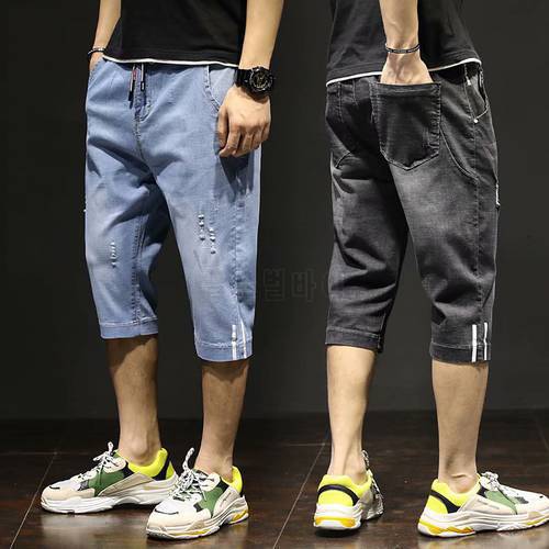 Men&39s Jeans Korean Fashion Men Clothing Cropped Jeans Casual Streetwear Frayed Calf-Length Pants Men Elastic Waist Men Trousers