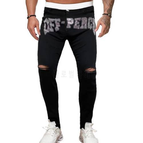 Men Black Ripped Jeans Trend All-match Street Comfortable Trousers Skinny Destroyed Stretch Rhinestone Letters Punk Denim Pants