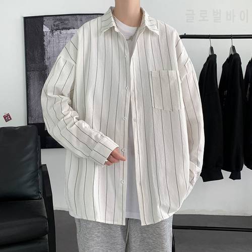 2022 Autumn New Striped Men Shirts Long Sleeve Oversized Shirt Loose Korean Style Male Cardigan Blouses Men&39s Clothing