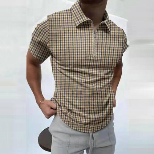 Turn-down Collar Men T-shirt Print Thin Zipper Short Sleeve Summer Shirt Top