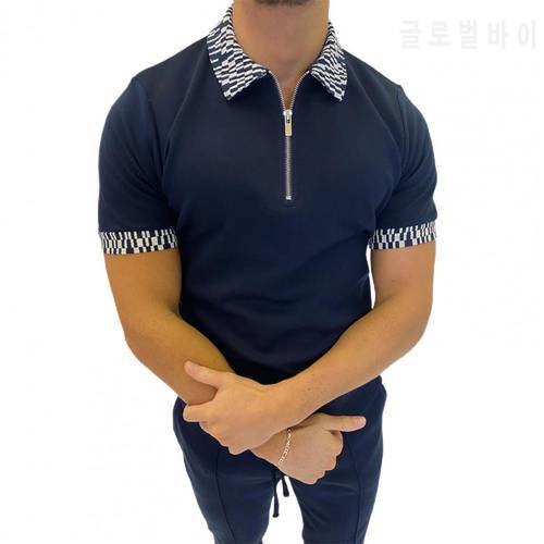 Summer Casual Men Polo-shirt Short Sleeve Solid Color Matching Zipper Plus Size Men Polo-Shirts Party