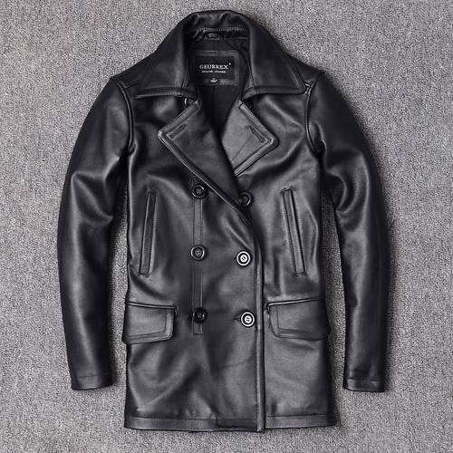 New 2021 Men&39s Genuine Leather Jacket Male Cowhide Overcoat Autumn Winter Business Coat Trench Style Double Breasted Clothes