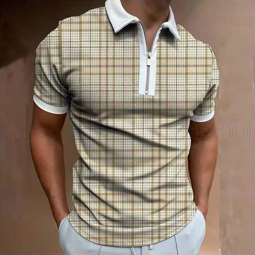 Casual Fashion Polo Shirt For Men Short Sleeve Lattice Printed Streetwear Men Polo Shirts Zipper Turn-down Collar Oversize Tees
