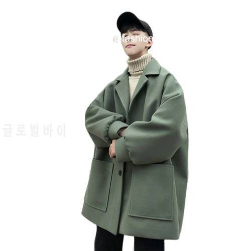 2021 Oversized Men&39s Korean Pure Color Autumn And Winter Wool Coat Black Harajuku Windbreaker Flannel Button Coat