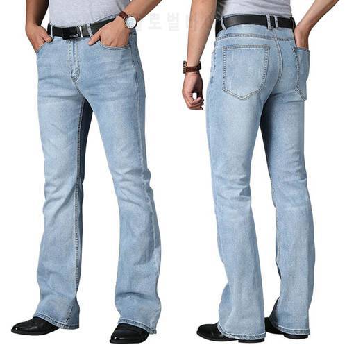 Big Flared Jeans For Men Boot Cut Denim Pants High Waist Leg Loose Elasticity Business Casual Male Fashion Light Blue Trousers