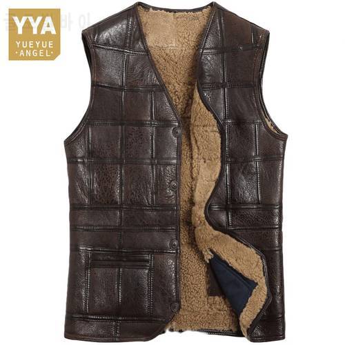 Autumn Winter Vintage Mens Sheepskin Genuine Leather Vest Man V Neck Plaid Wool Lining Thick Warm Waistcoat Shearling Vests Tops