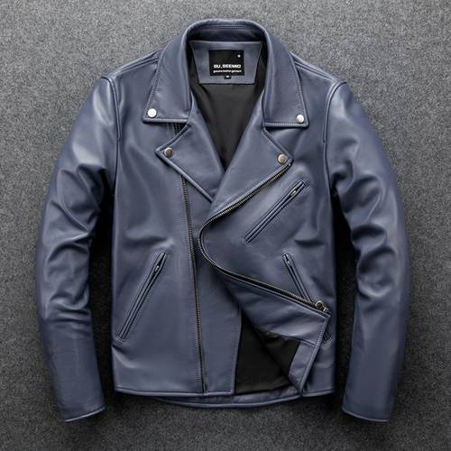 Free shipping.blue soft sheepskin garments.quality genuine leather jacket.quality slim biker leather outwear.fashion
