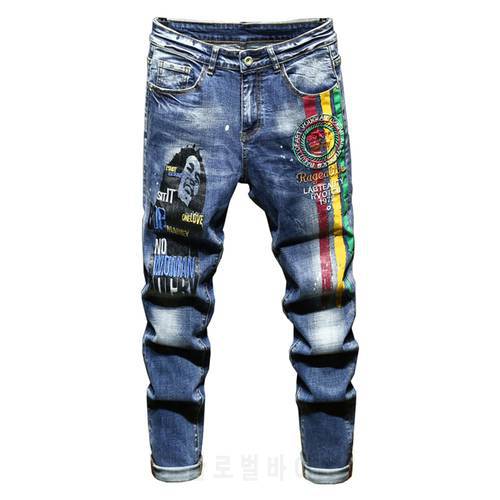 Men&39s Letters Embroidery Painted Stretch Denim Jeans Streetwear Trendy Slim Straight Pants Trousers