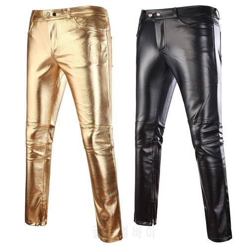 Casual Men Solid Color Faux Leather Button Skinny Pants Motorcycle Club Trousers