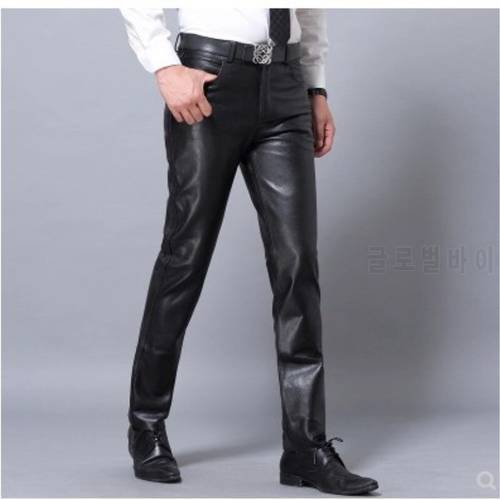 Genuine Leather Pants Men Black Vintage Pencil Pants Natural Real Sheepskin Leather Fashion Motorcycle Male Trousers Plus Size