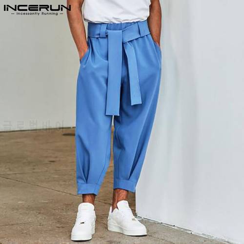 Men Pants Solid Color Joggers 2022 Baggy Lace Up Fashion Casual Trousers Men Streetwear Leisure Pantalon With Belt 5XL INCERUN 7