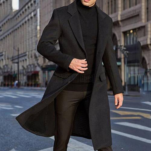 40%HOTWinter Men&39s Coat Solid Color Long Sleeve Button Jacket Men&39s Coat Street Style Mid-Length Trench Coat