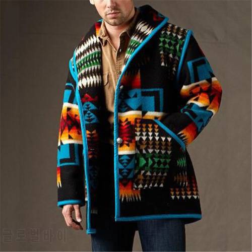 Mens Jackets And Coats Ins Spring/Autumn Printing Fashion Jacket Turn-down Collar Geometric Single Breasted Woolen Coat Men