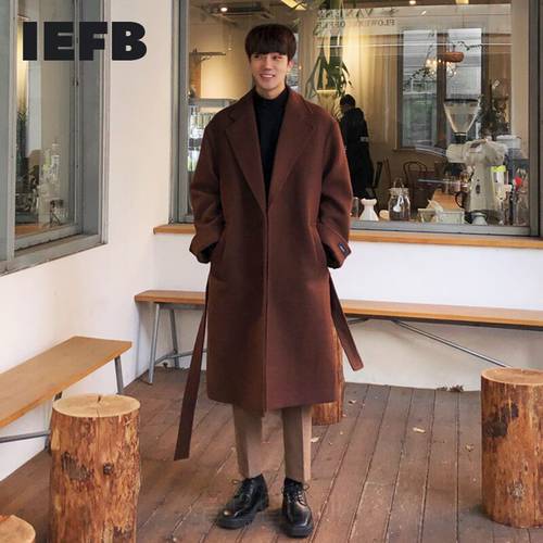 IEFB Men&39s Korean Woollen Coat Autumn Winter Thickened Medium Long Woolen Jacket New Fashion Single Breast Coats With Belt