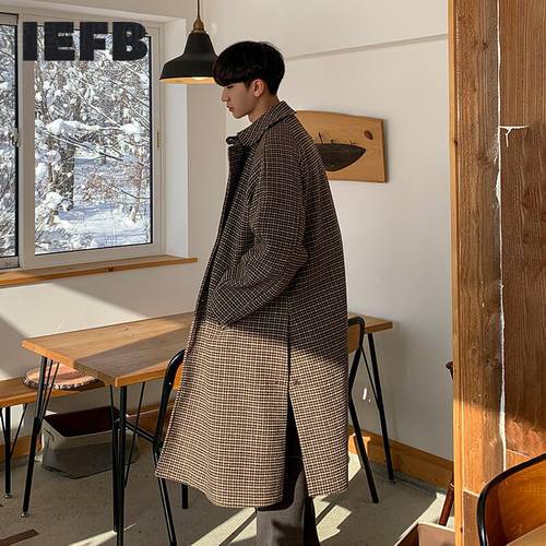 IEFB Men&39s Coat Winter New Korean Fashion Couple&39s Retro Plaid Youth Pockets Mid Length Over Knee Split Loose Tweed Coats9Y8434