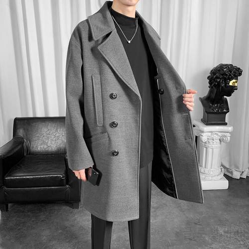 Autumn Winter Woolen Coat Men&39s Fashion Gray/Black Casual Long Coat Men Korean Loose Oversize Windbreaker Coat Mens Overcoat