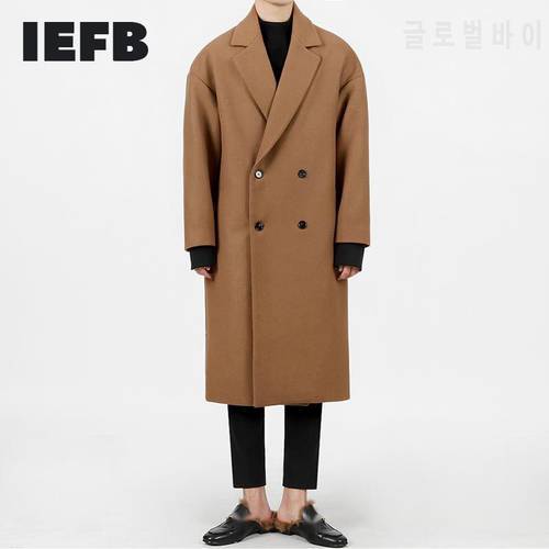 IEFB Men&39s Autumn Thickened Medium Long Woolen Coat Korean Fashion Loose Warm Woolen Windbreaker Style Double Breasted Coats