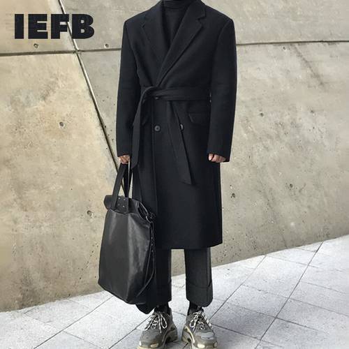 IEFB Men&39s Winter Middle Long Korean Trend Thickened Warm Woolen Coat Double Breasted Loose Business Style Fashion Windbreaker