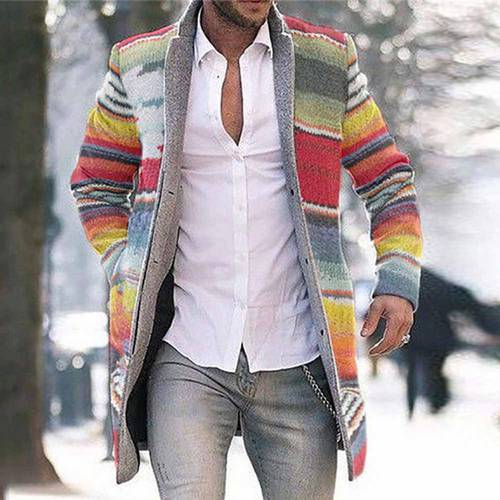 Men Autumn Winter Rainbow Stripes Open Front Long Sleeve Trench Coat Overcoat for Men&39s Clothing