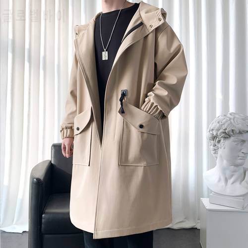 Streetwear long men&39s jacket spring autumn casual windbreaker man trench coat fashion hooded men&39s long coat