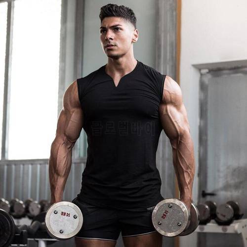Gym Clothing V Neck Compression Sleeveless Shirt Fitness Mens Tank Top Cotton Bodybuilding Stringer Tanktop Singlet Workout Vest