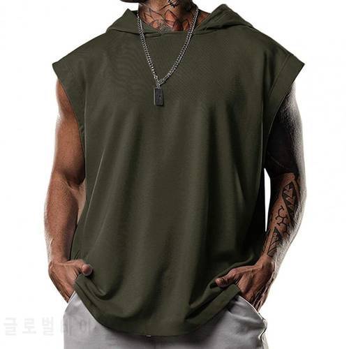 Plus Size Men Tanks Top Hooded Solid Color Summer Male Sleeveless Sports Top Loose Sleeveless Fitness Vest Party Sweatshirt