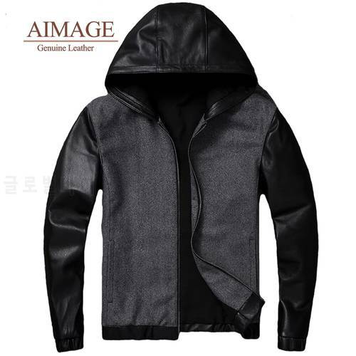 men 100% real sheep skin leather Jacket men&39s simple hooded Genuine jacket Patchwork wool coat Baseball uniform PY127