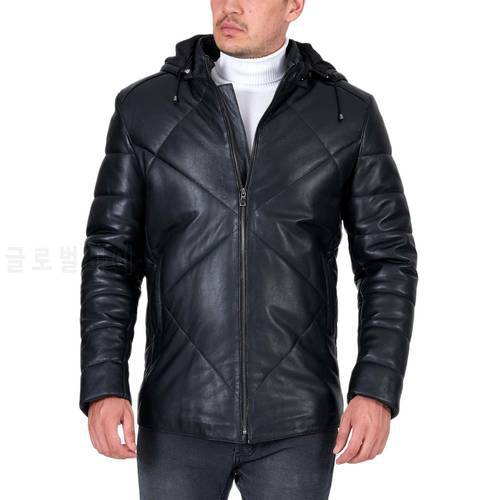 Genuine Leather Hooded Black Zipper Coat Men&39s Leather