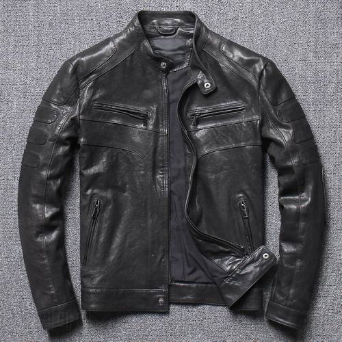 Free shipping.quality Mens genuine leather Jacket,motor black slim goatskin biker coat.wholesales.cool tanned leather clothes